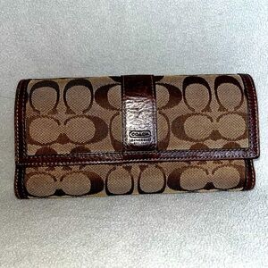 COACH Beige Brown Khaki Signature Jacquard Leather Snap Wallet